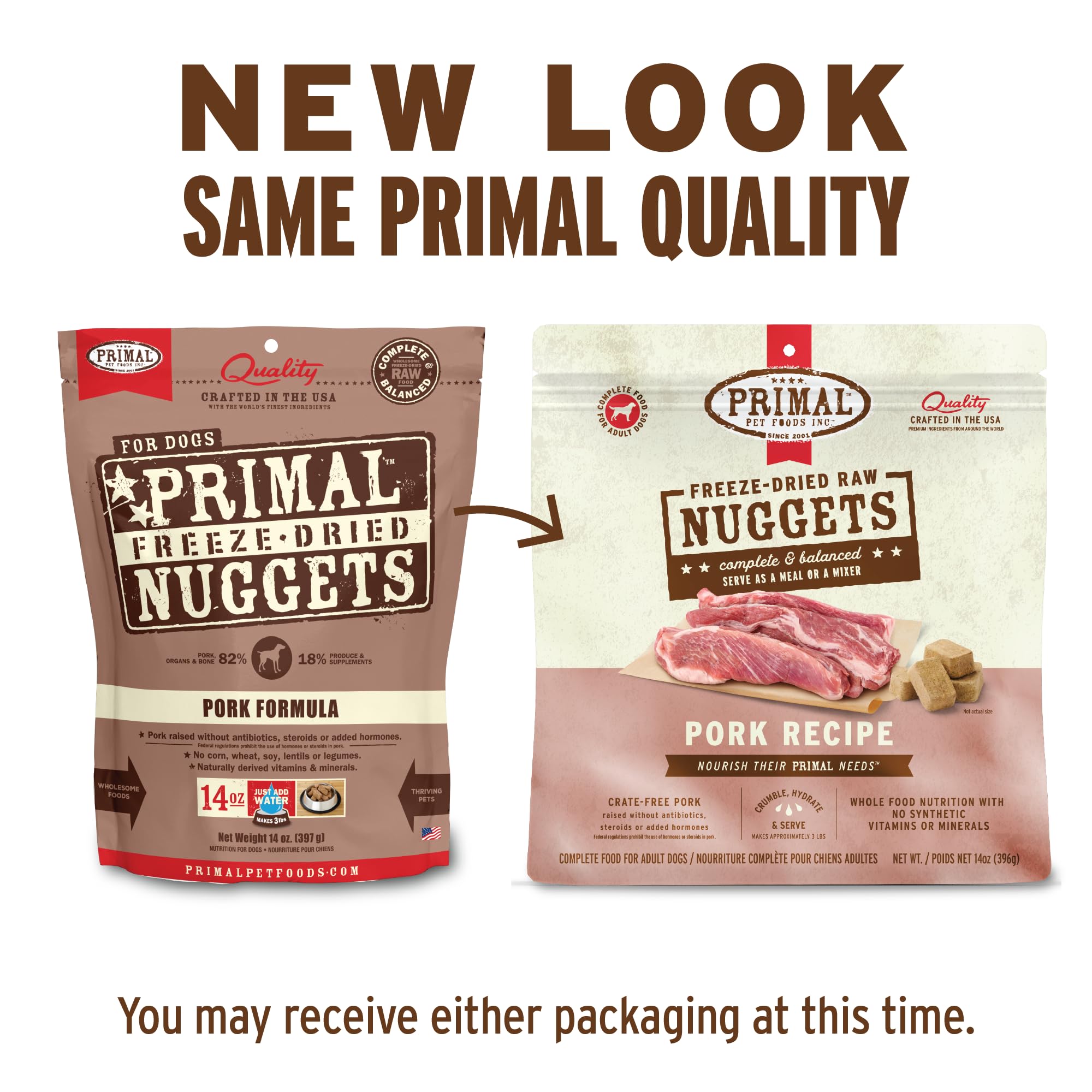 Primal Pet Foods Nuggets porc ingredients naturels, option saine.