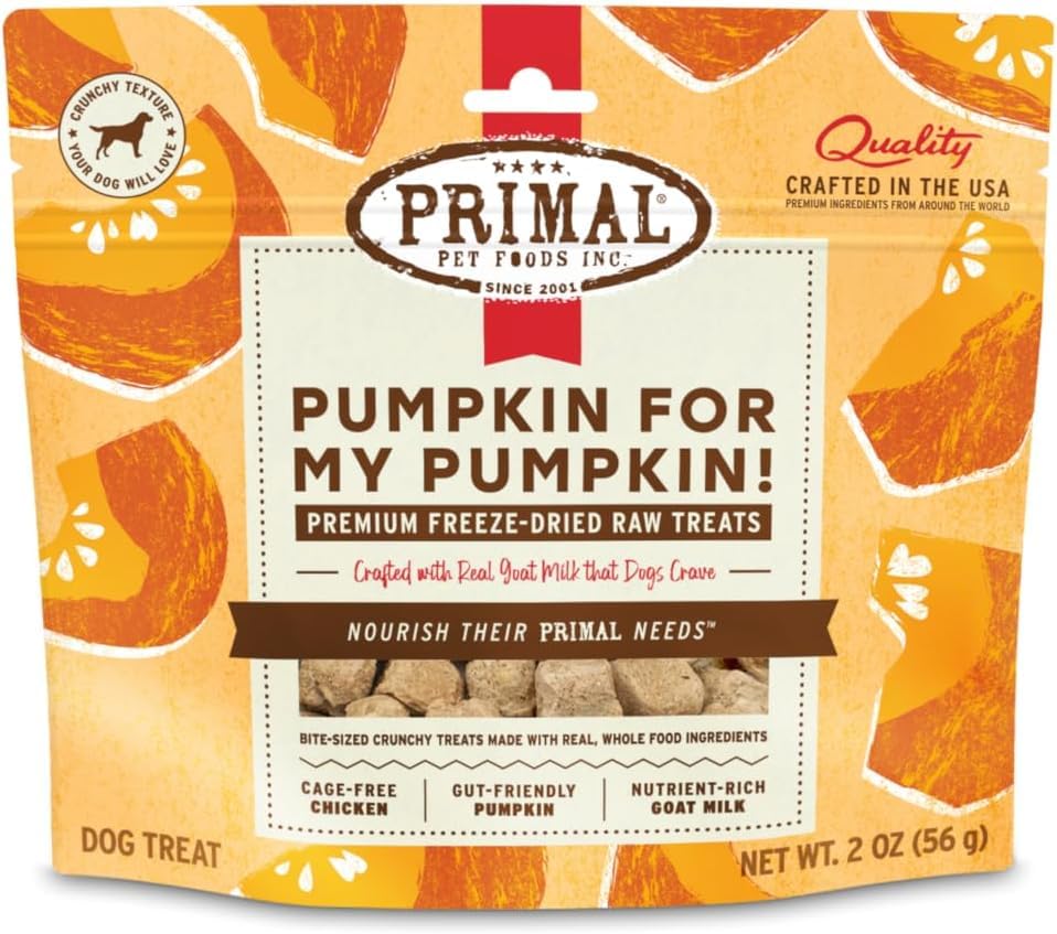 Friandises Primal Pet Foods emballage avant, sans céréales, pratique à emporter.