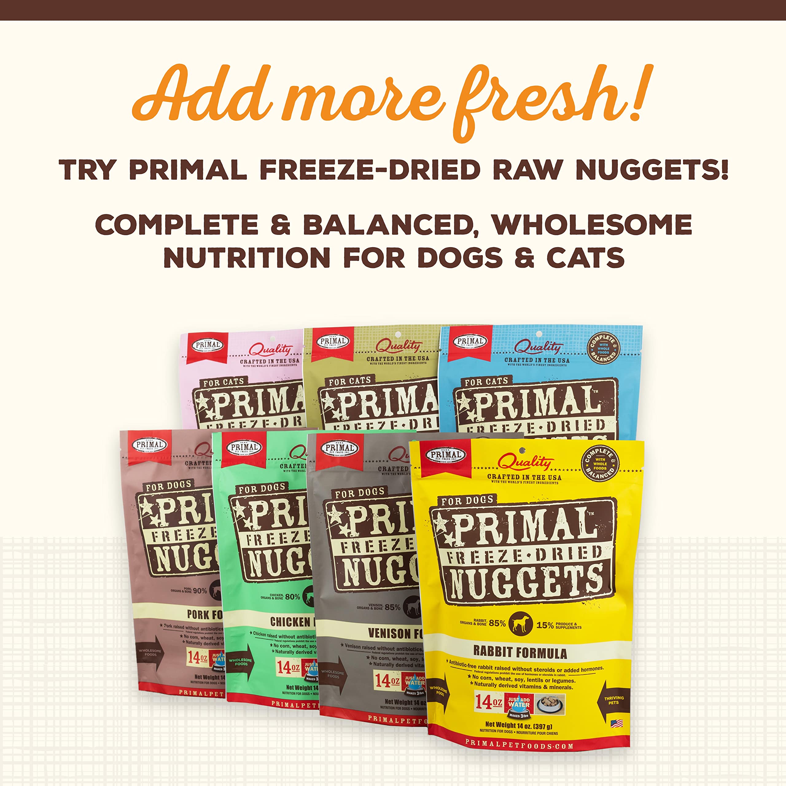 Garnitures Primal réhydratables au lait de chèvre pour chien.