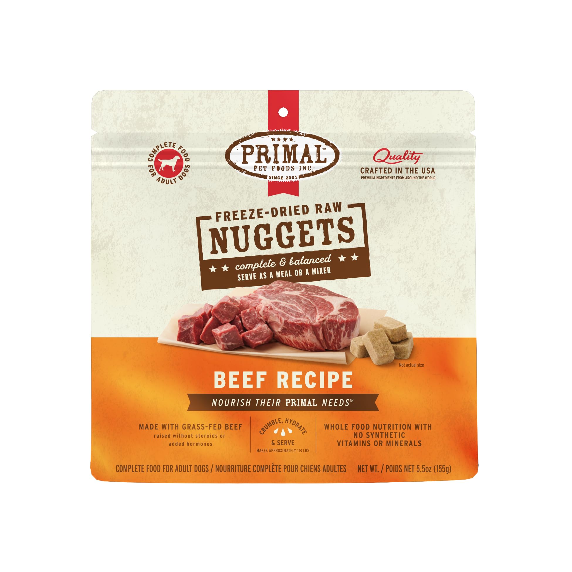 Nuggets Primal Pet Foods au boeuf offrent un repas pratique et complet pour chien actif.