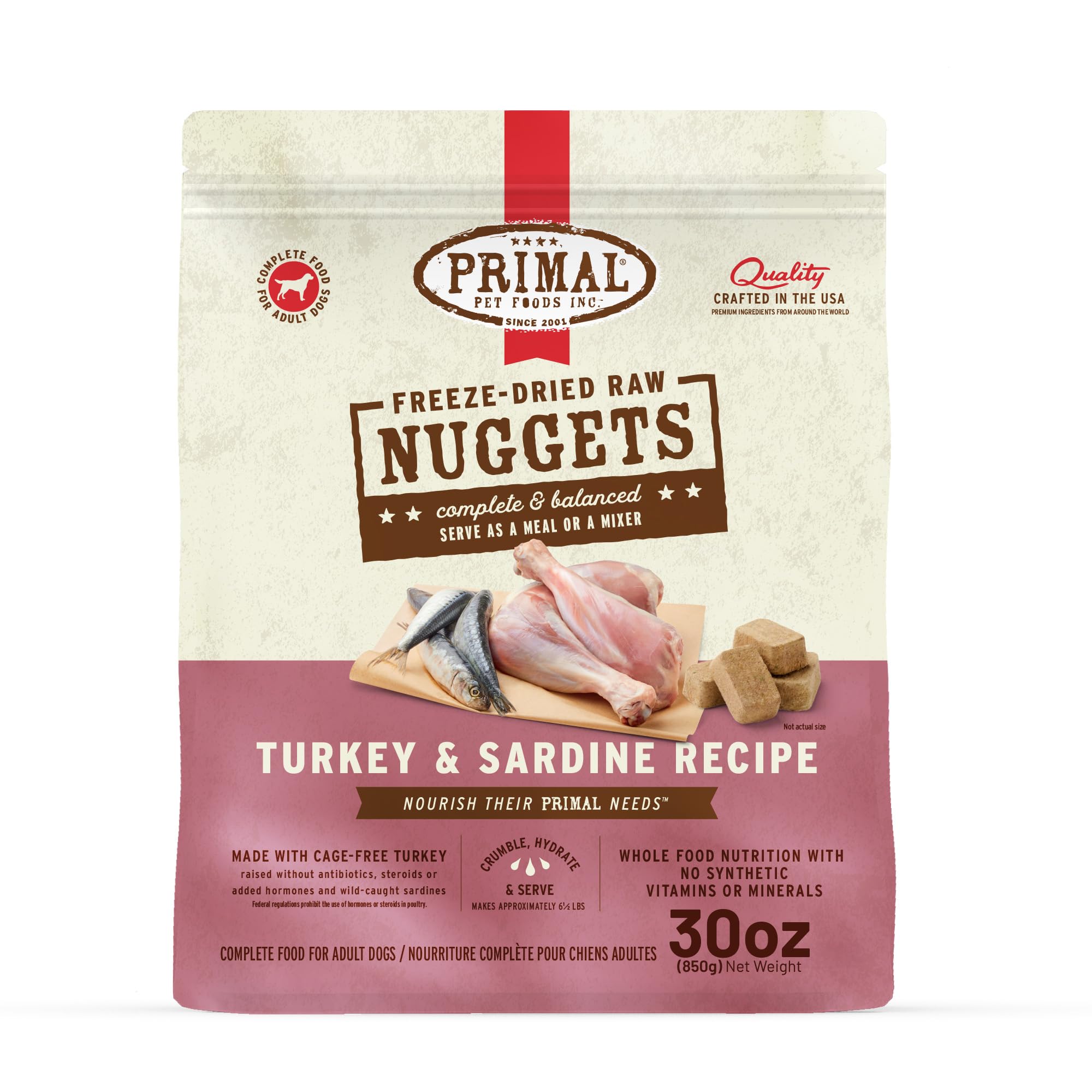 Primal Pet Foods nuggets dinde-sardine, repas complet et riche en protéines.