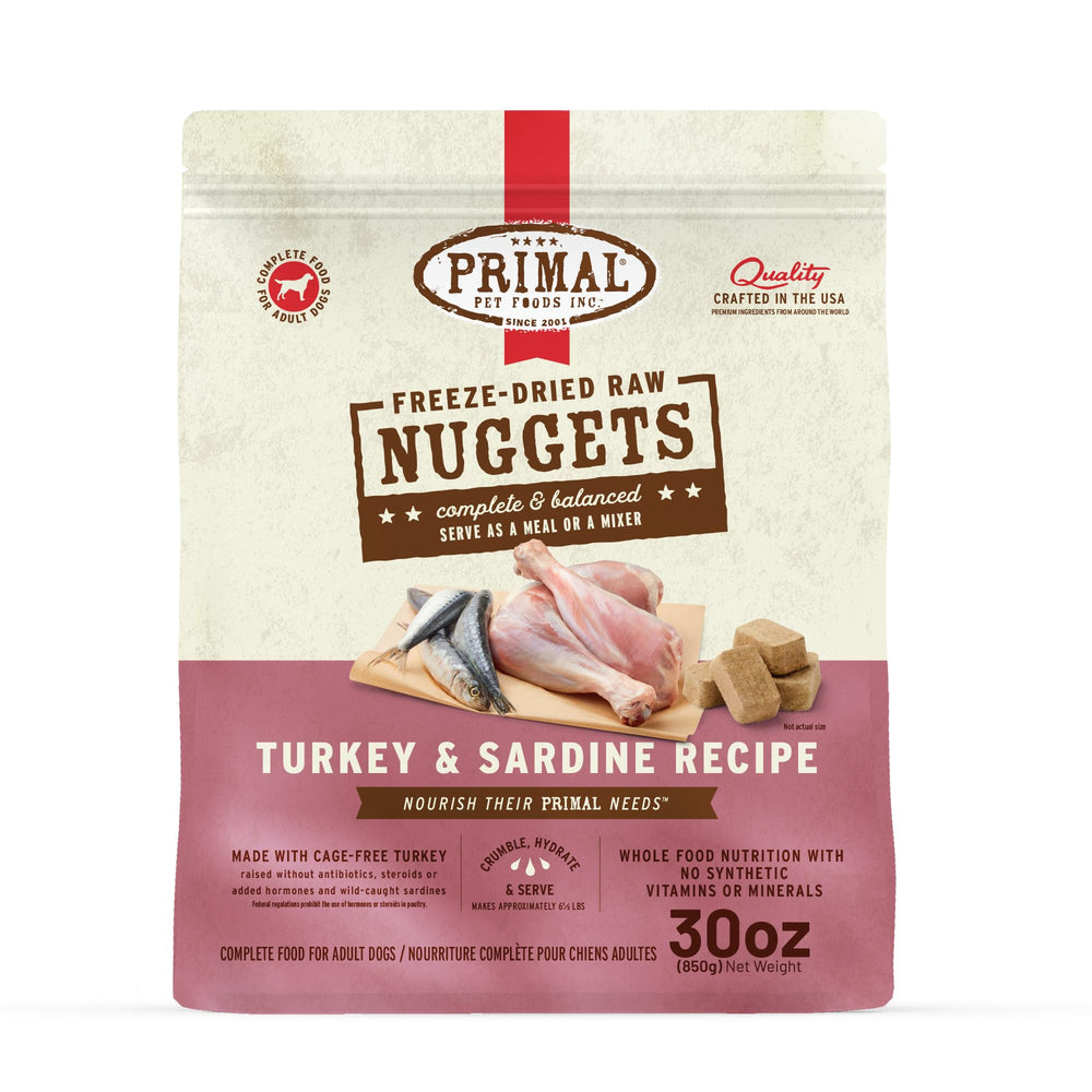 Primal Pet Foods nuggets dinde-sardine, repas complet et riche en protéines.