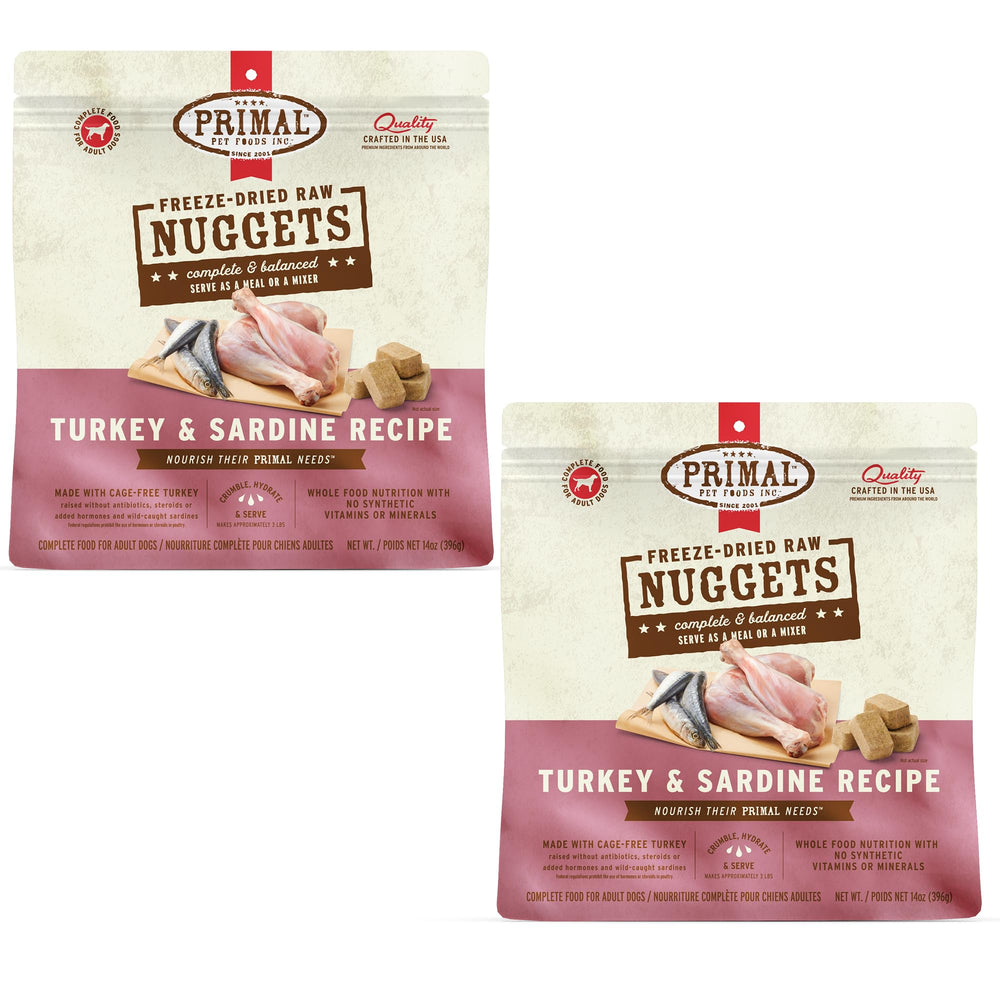 Primal Pet Foods Nuggets dinde et sardines sur emballage, repas pratique et complet.