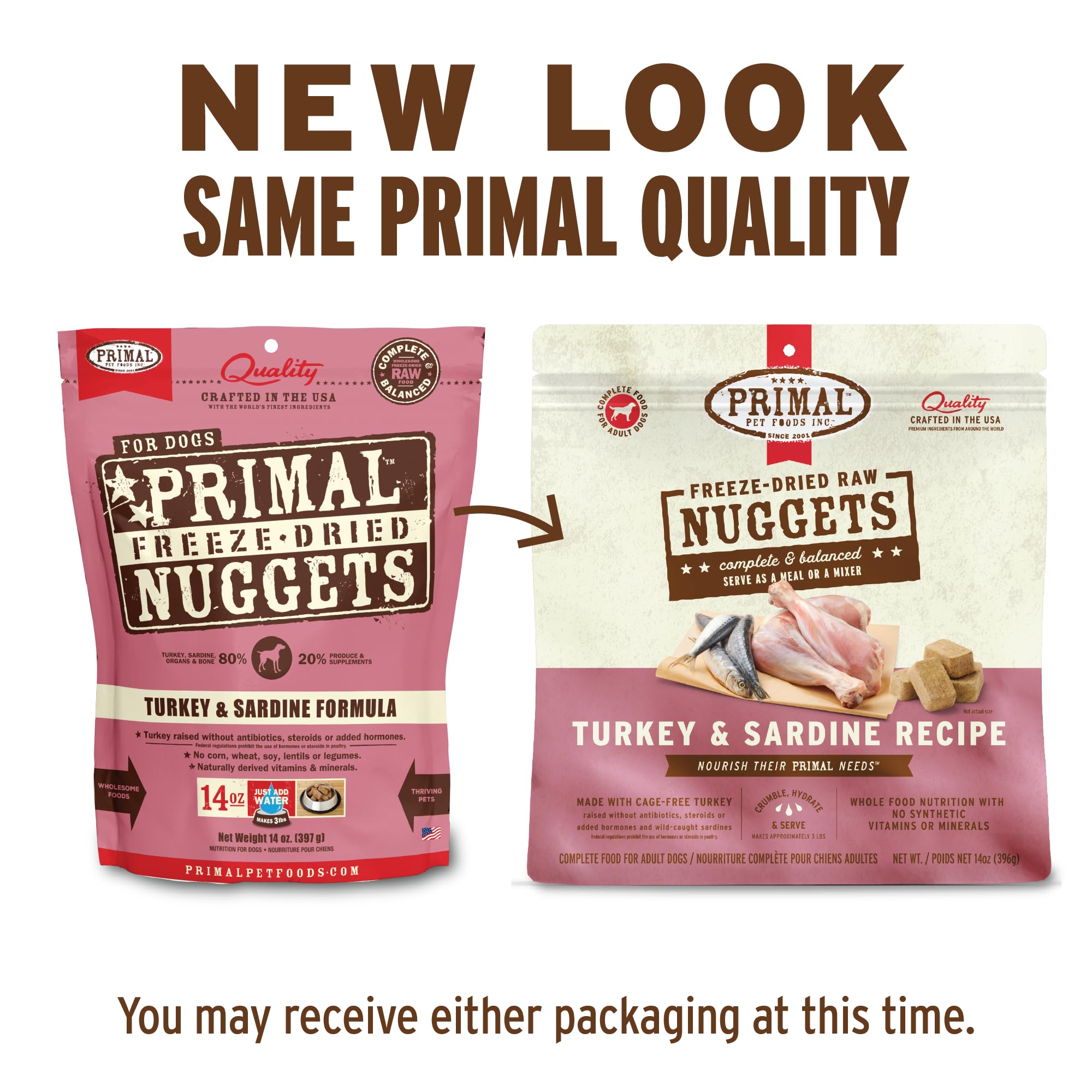 Ingrédients clés des Nuggets Primal Pet Foods avec dinde et sardines.
