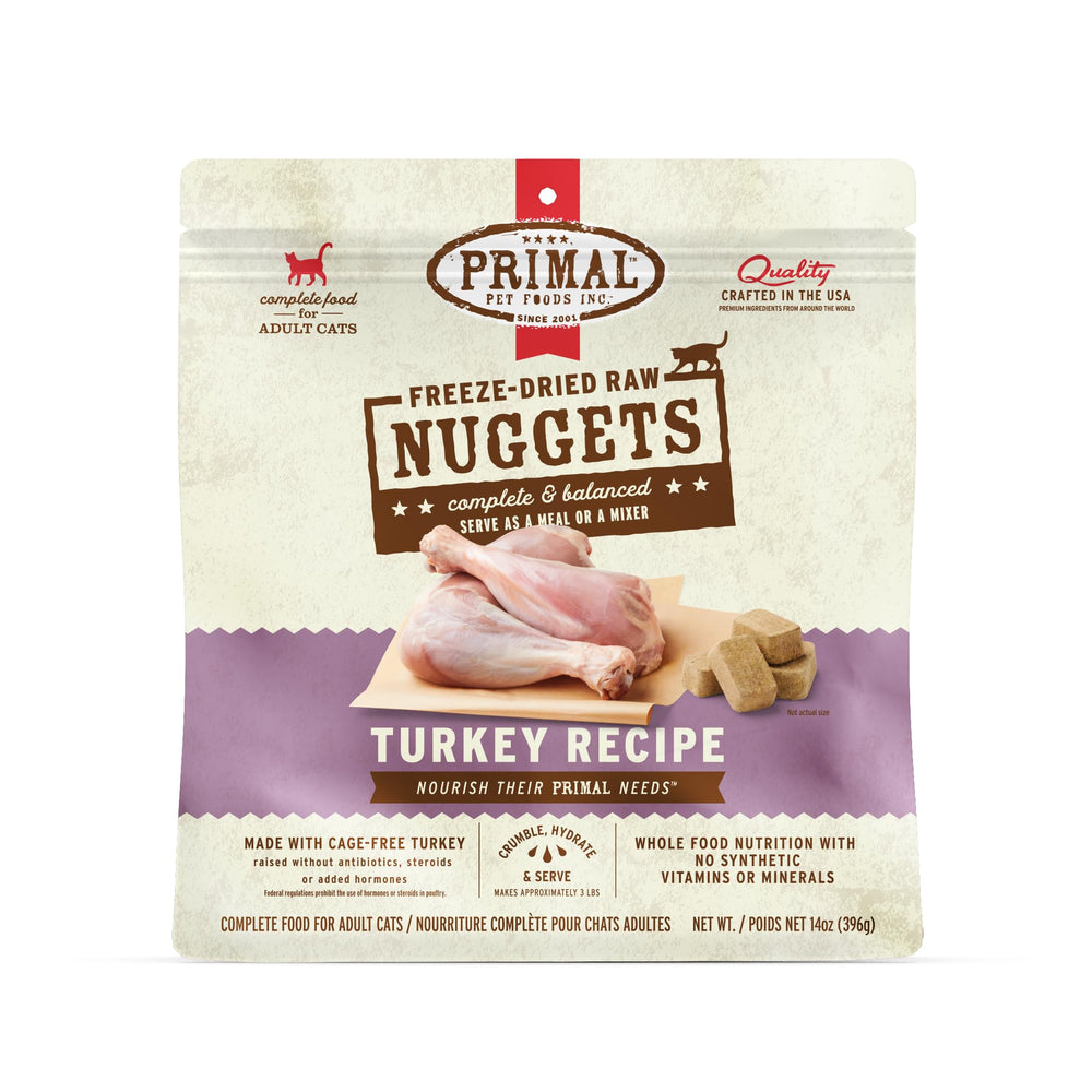 Primal Pet Foods nuggets dinde séchés ensemble, repas pratique pour chat.
