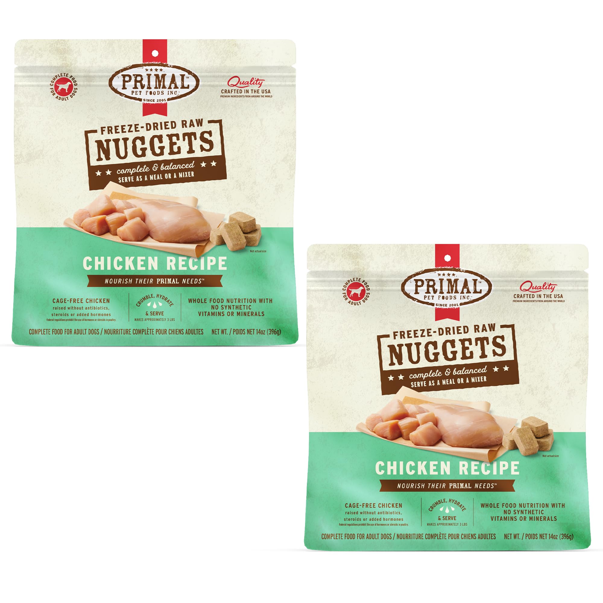 Nuggets Primal au poulet lyophilisés, pack 2x14 oz, pratique et durable.