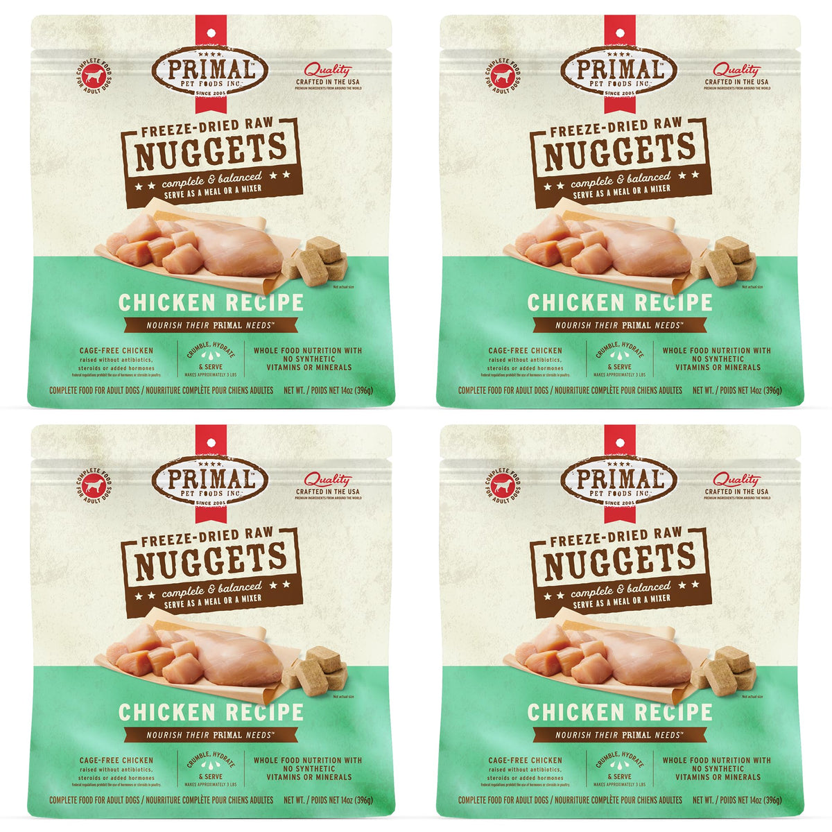 Nuggets lyophilisés au poulet Primal Pet Foods, repas complet et pratique.