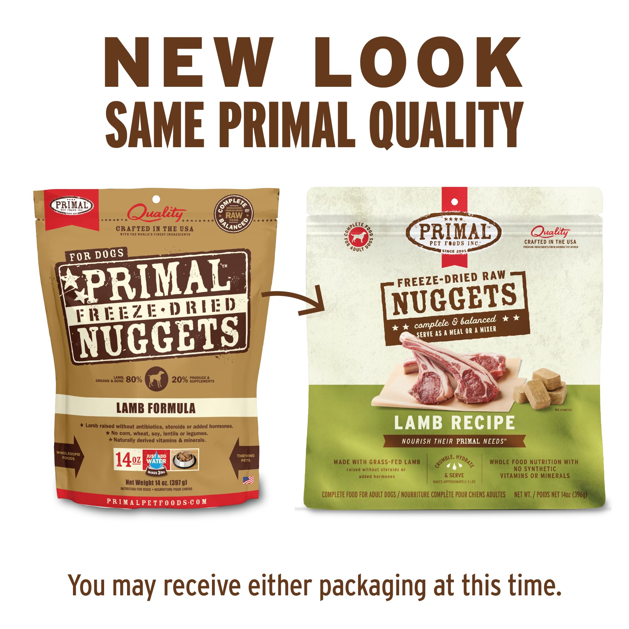 Nuggets Primal Pet Foods d'agneau lyophilisés, texture crèmeuse idéale pour nourrir.
