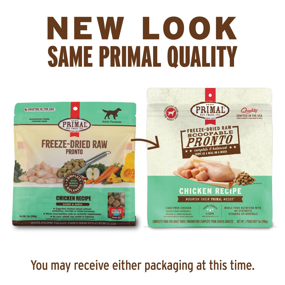 Primal Pet Foods Pronto Mini Nuggets poulet, cuillère-doseur facile à mesurer.