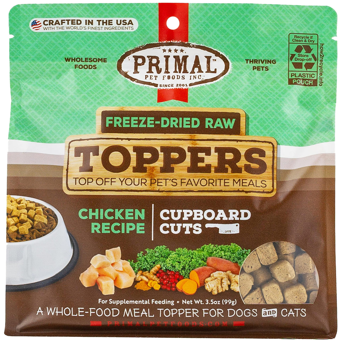Toppers chien au poulet Primal Pet Foods pour rehausser les repas et l'appétit.