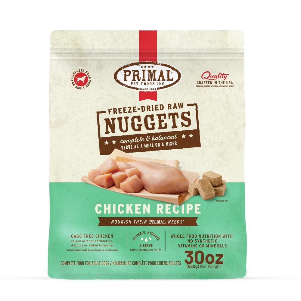 Morceaux lyophilisés au poulet Primal – repas complet et riche en protéines pour chiens.