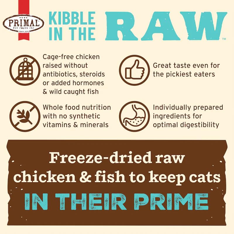Processus lyophilisé Primal Kibble en The Raw, nutrition préservée.