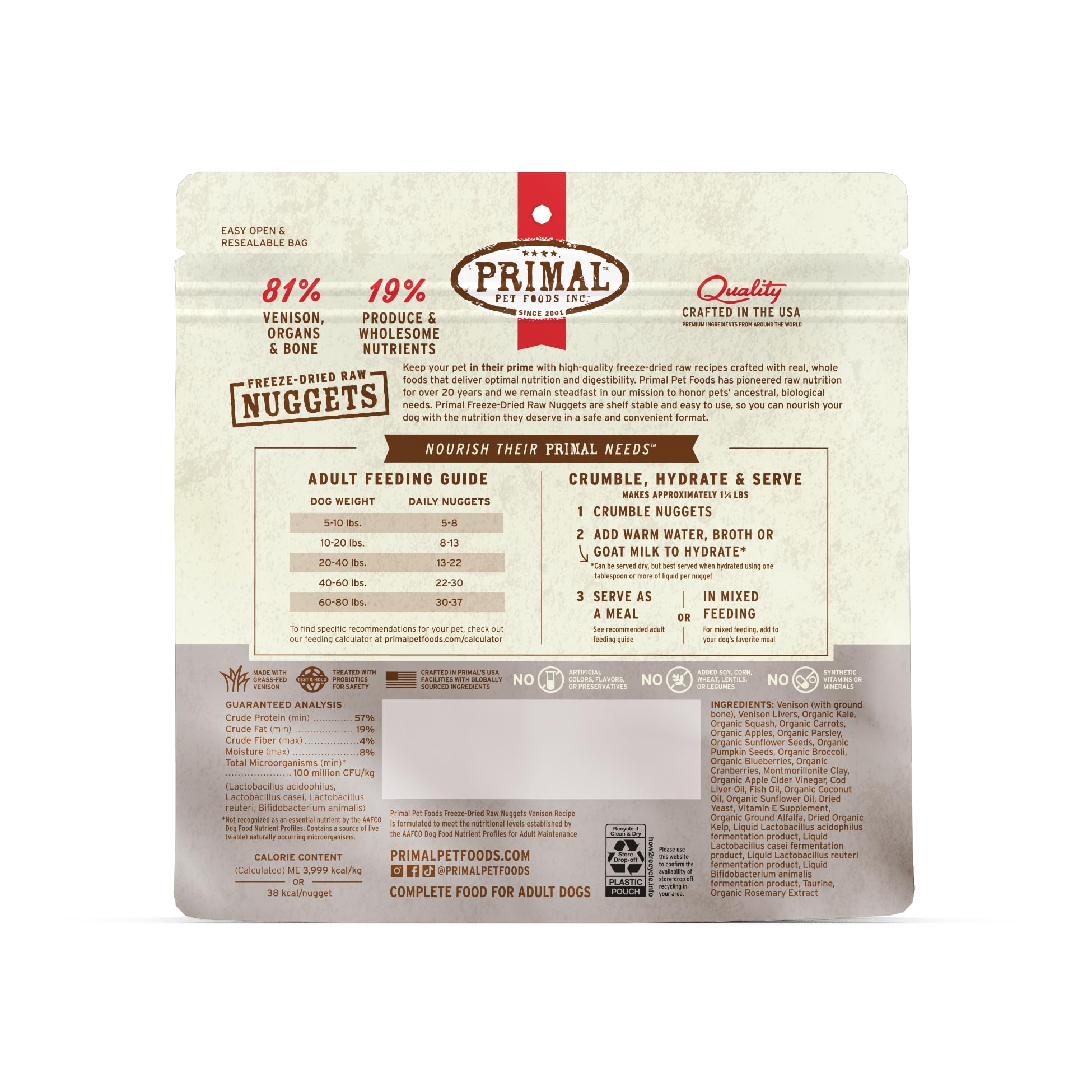 Primal Venaison Nuggets alimentation quotidienne pour chiens adultes.