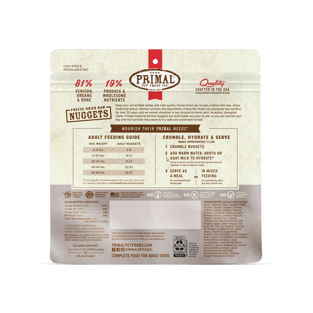 Primal Venaison Nuggets alimentation quotidienne pour chiens adultes.