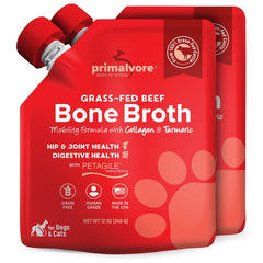 Bouillon Primalvore d’os de bœuf, bouteille, hydratation et goût pour chiens et chats.