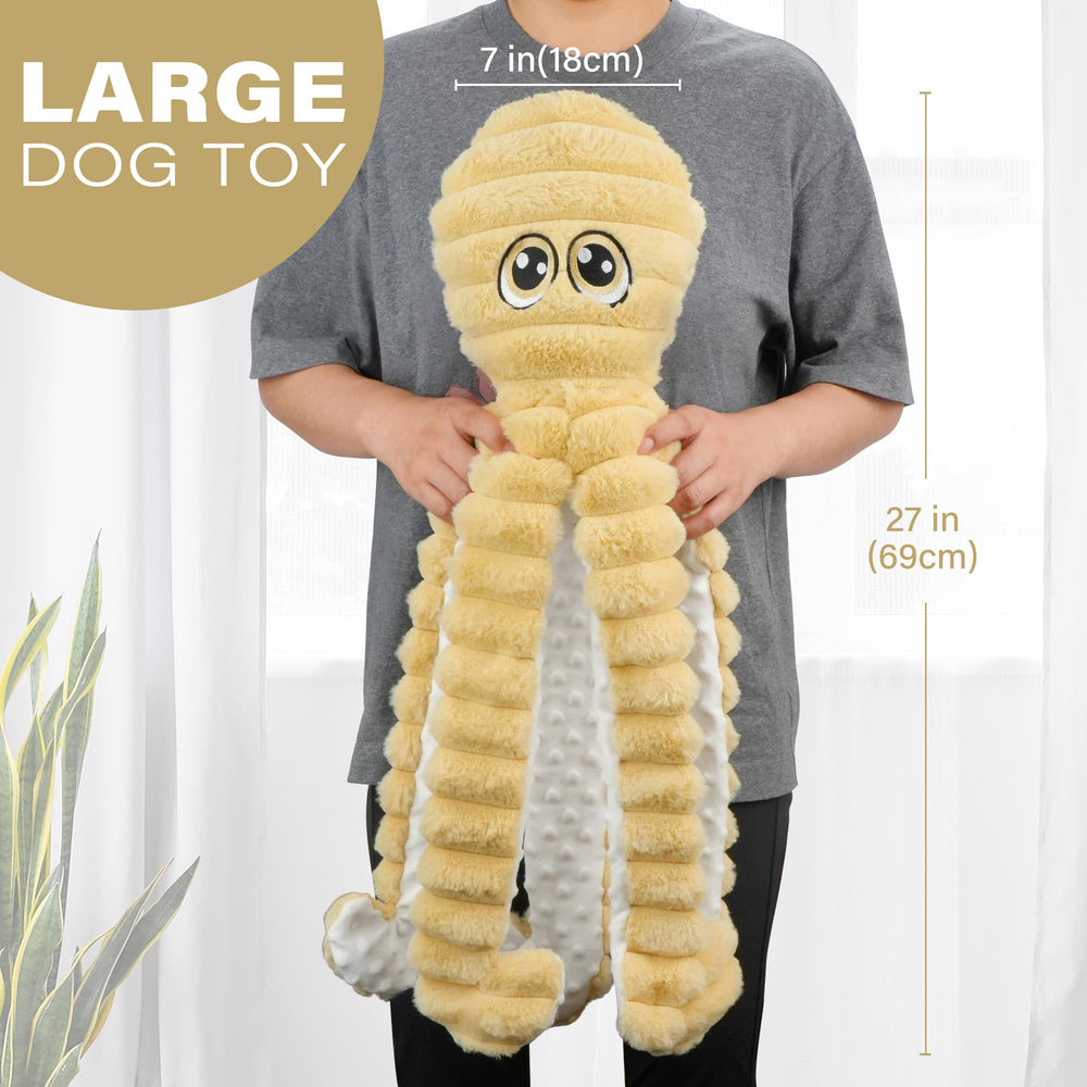 Prime Pets peluche poulpe 27 pouces dos, durable pour sessions de jeu récurrentes.