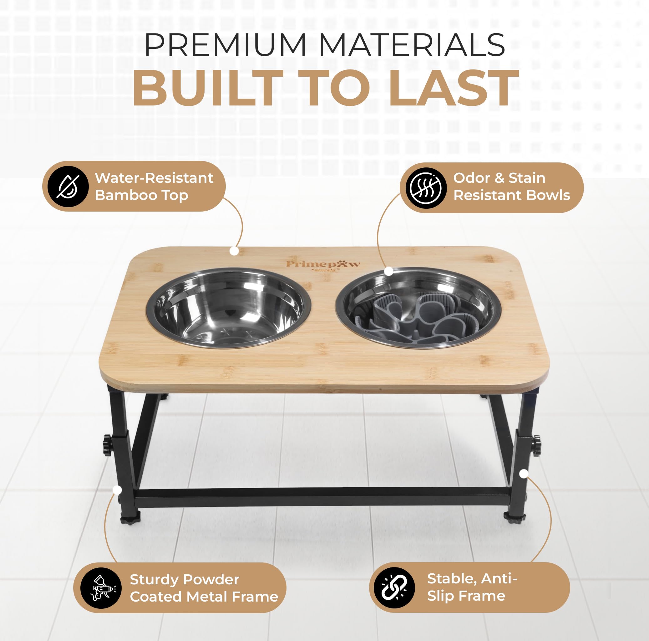 PrimePaw Naturals hauteur ajustable 6-8 pouces adaptée à la morphologie.