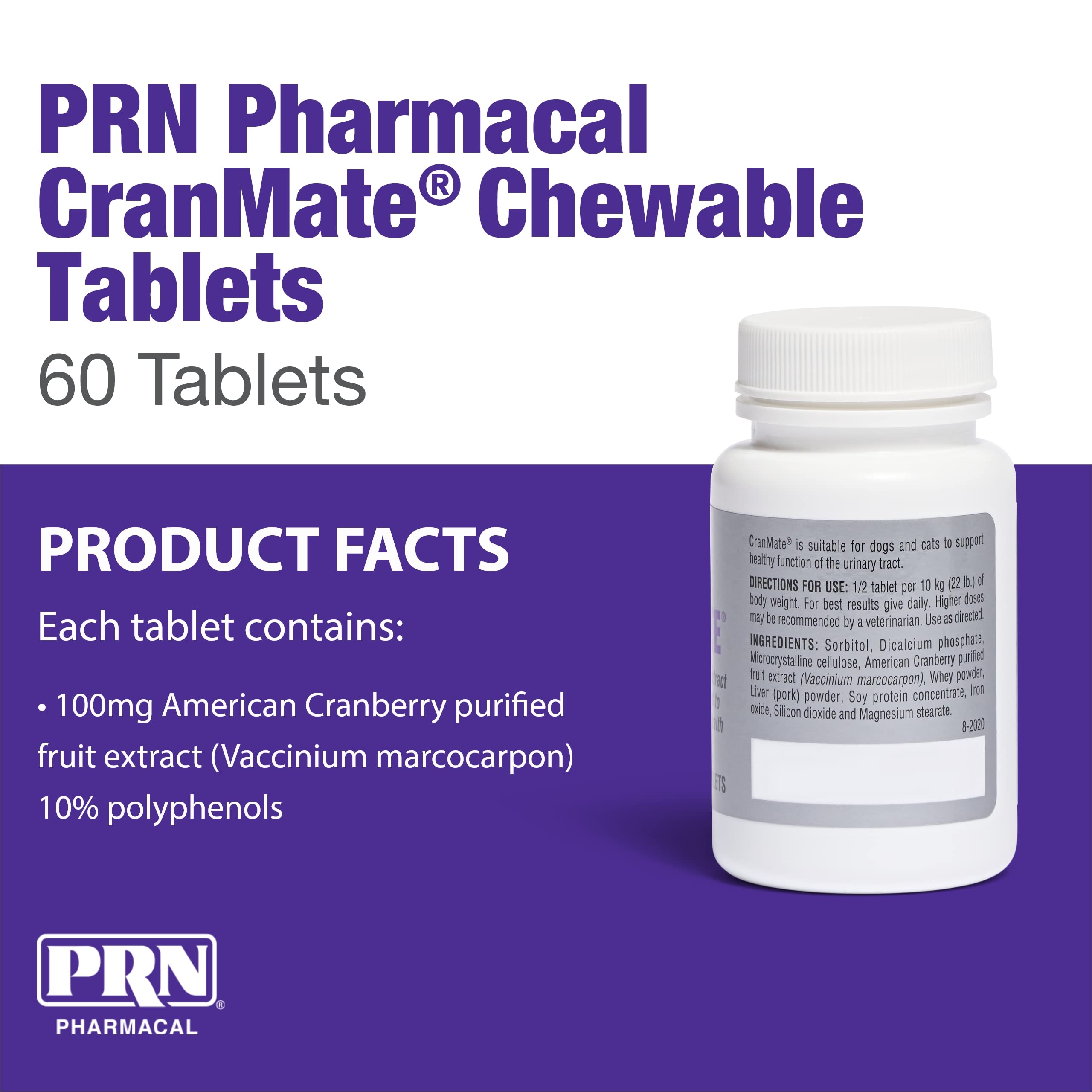 Dosage quotidien CranMate PRN pour chiens et chats, facilité d’administration.