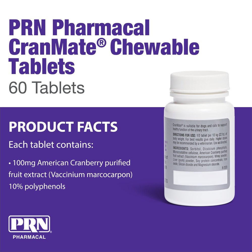 Dosage quotidien CranMate PRN pour chiens et chats, facilité d’administration.