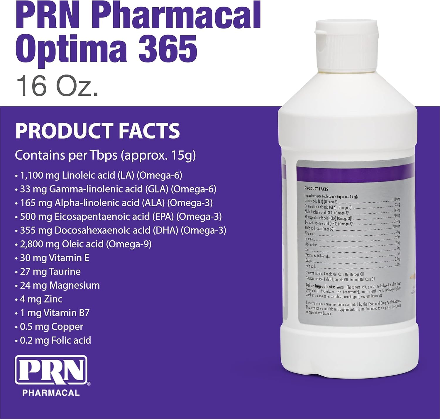 PRN Pharmacal OPTIMA 365 – étiquette lisible, soutien peau saine et pelage brillant.