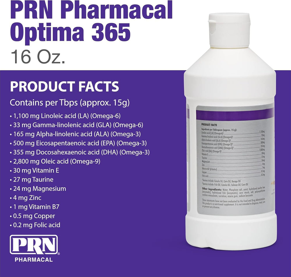 PRN Pharmacal OPTIMA 365 – étiquette lisible, soutien peau saine et pelage brillant.
