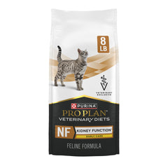 Croquettes Pro Plan Veterinary Diets NF, texture adaptée et soutien rénal éventuel.
