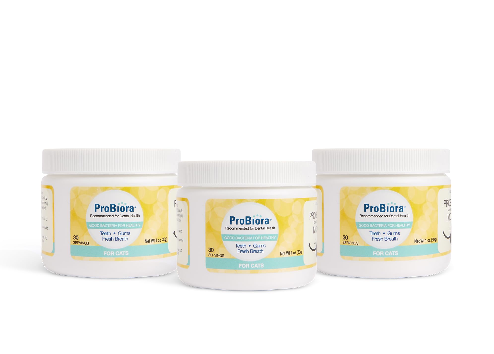 Probiora pour chats: poudre probiotique, soin dentaire pratique.