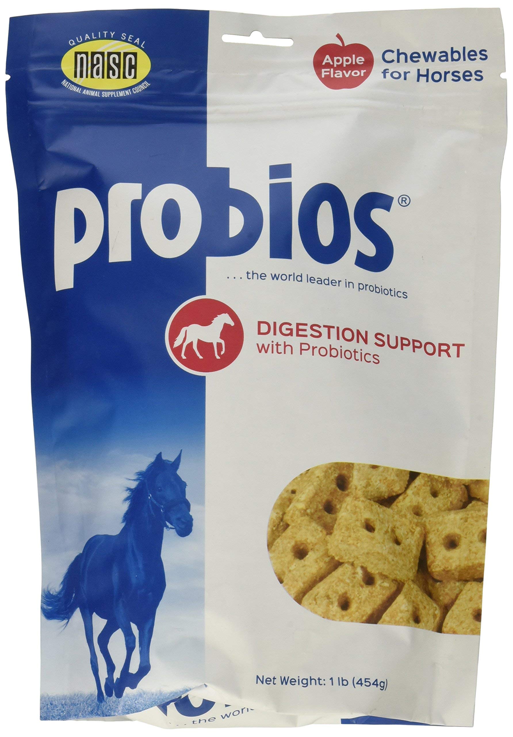 Probios friandises probiotiques pour chevaux, saveur pomme, soutien digestif potentiel.