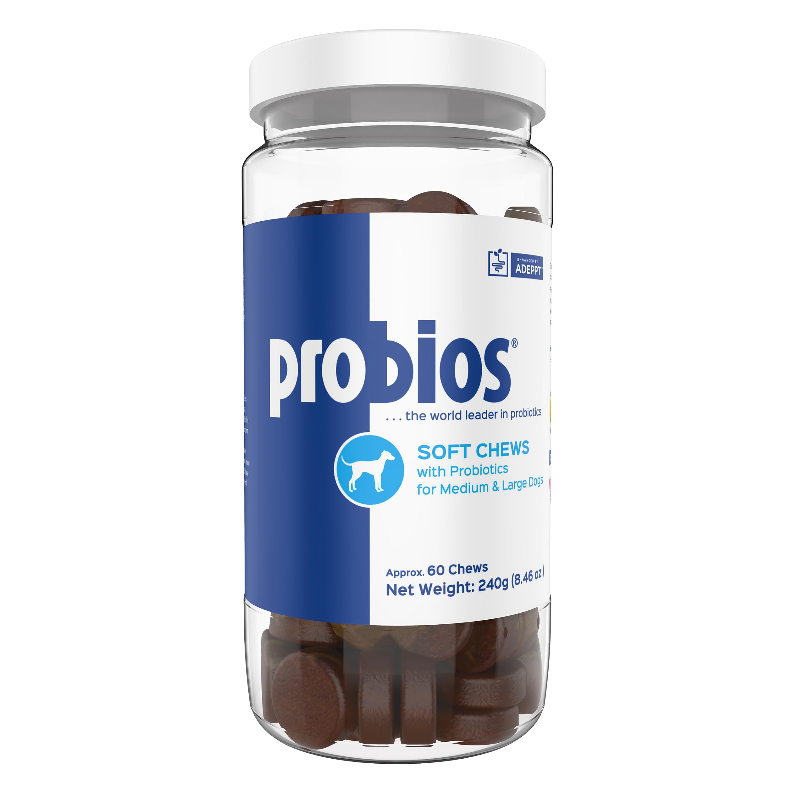 Probios Soft Chews – bouteille visible, soutien digestif quotidien pour chiens moyens et grands.