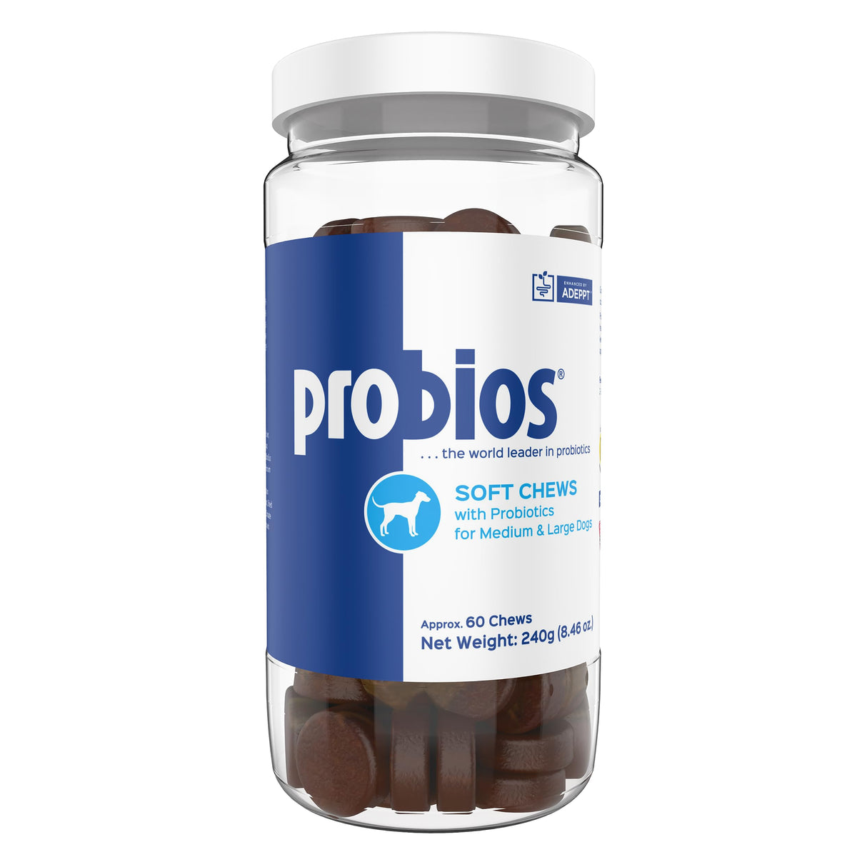 Probios Soft Chews – bouteille visible, soutien digestif quotidien pour chiens moyens et grands.