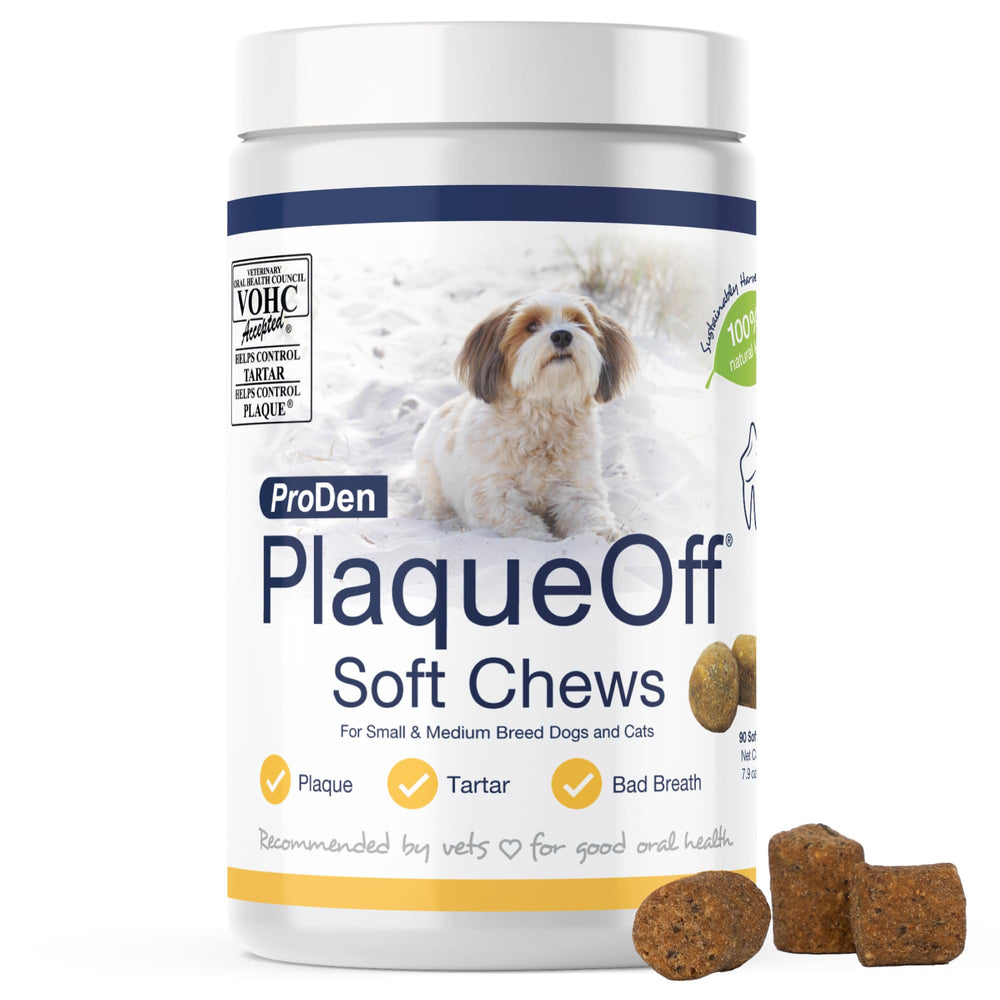 ProDen PlaqueOff : boîte friandises molles prête pour l’hygiène buccale.