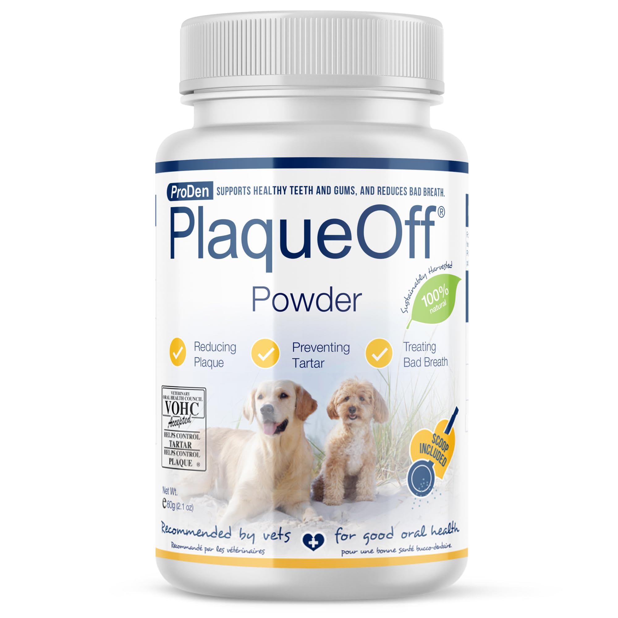 ProDen PlaqueOff emballage 60 g facilite l'hygiène dentaire des chiens et chats.