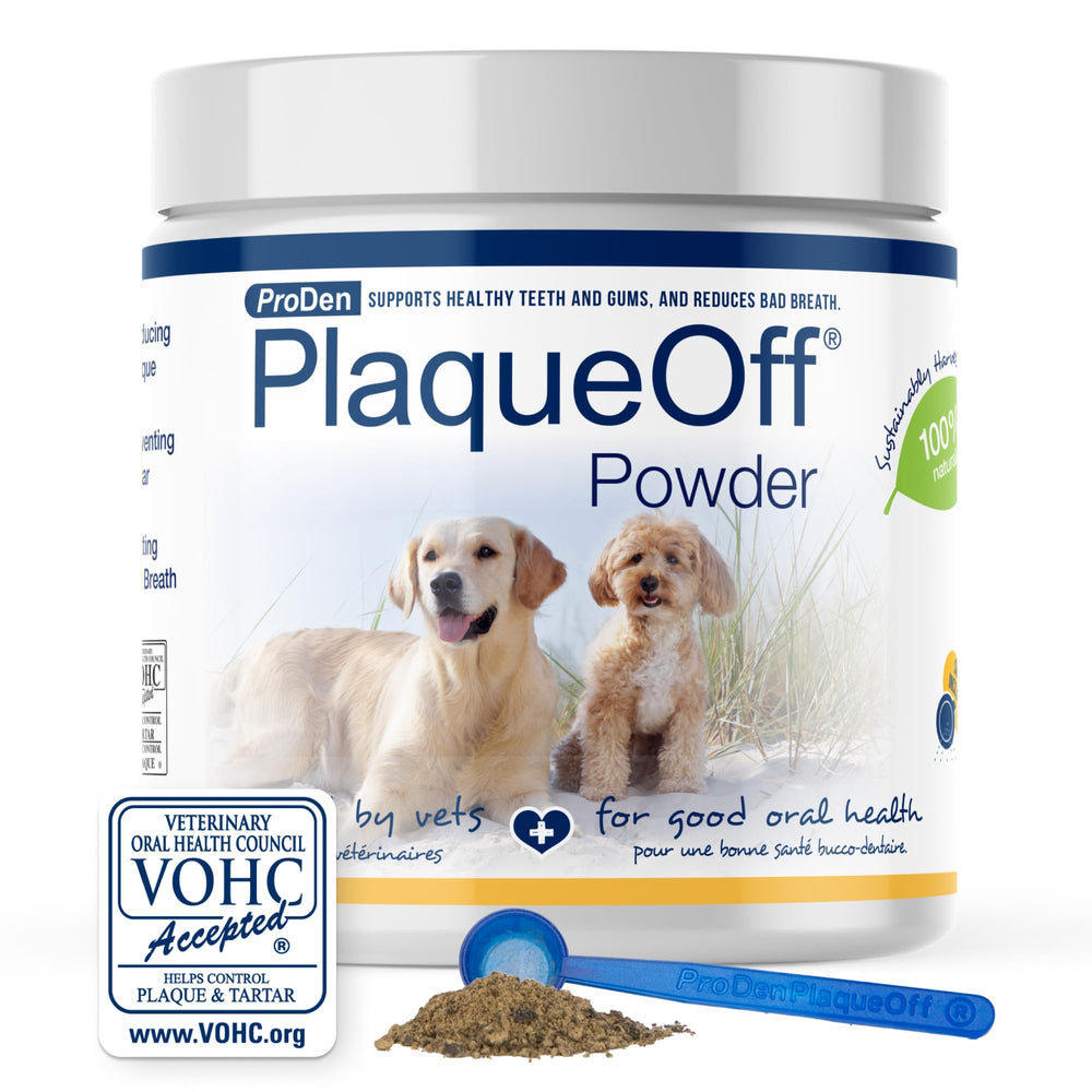 Flacon ProDen PlaqueOff pour animaux, hygiène buccale facilitée.