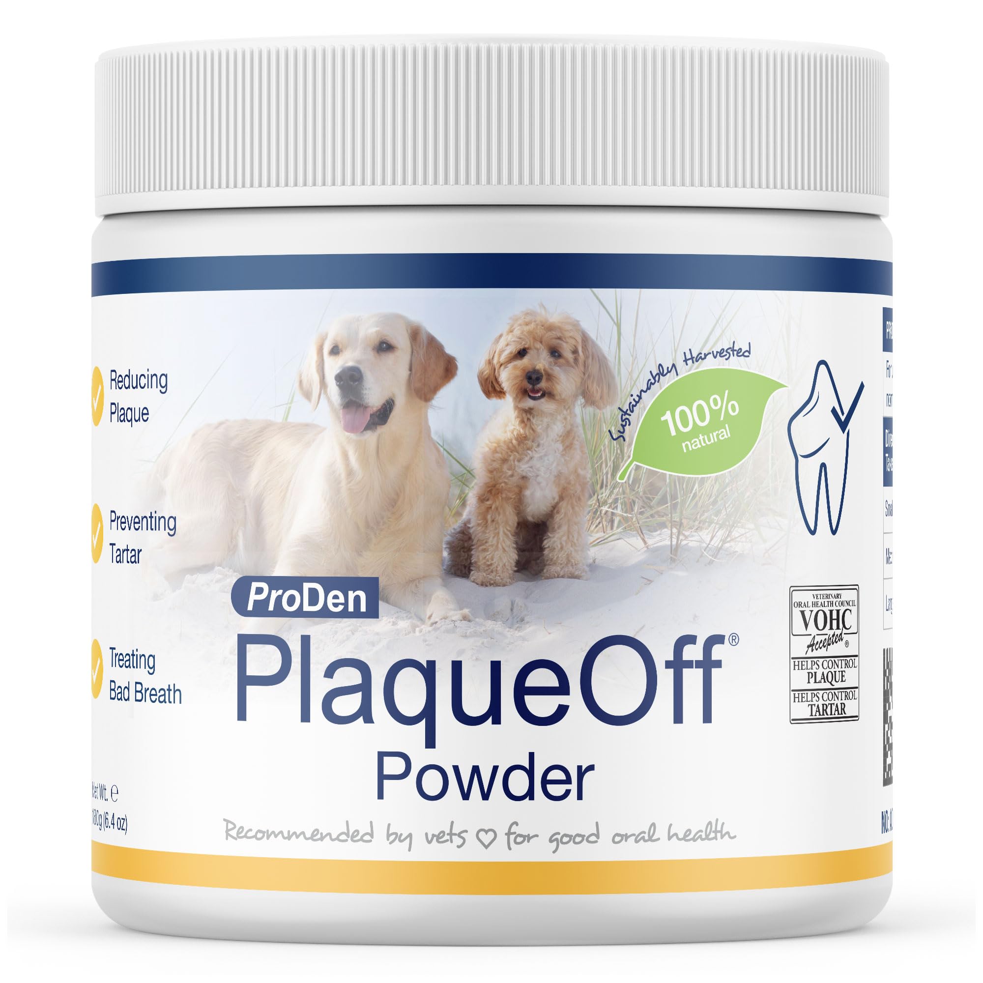 ProDen PlaqueOff poudre emballage 180 g : hygiène dentaire pratique pour chiens et chats.