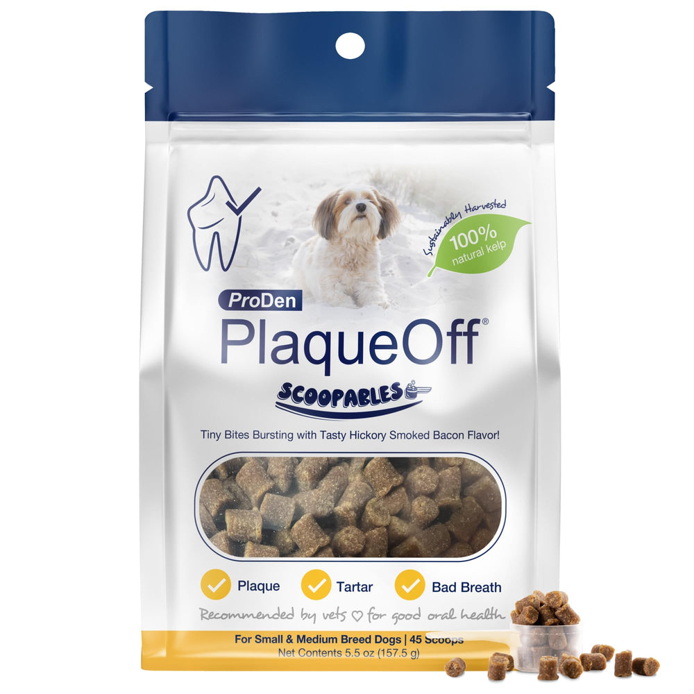 ProDen PlaqueOff Scoopables – emballage visible, solution d'hygiène dentaire pratique.
