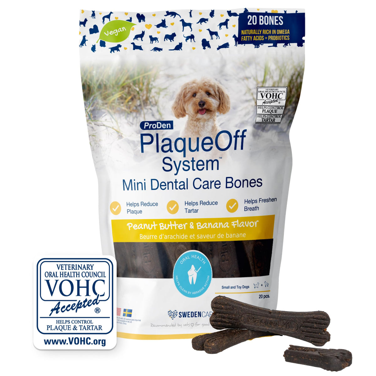 ProDen PlaqueOff Système Mini – os dentaire banane et cacahuète, hygiène buccale chez petits chiens.