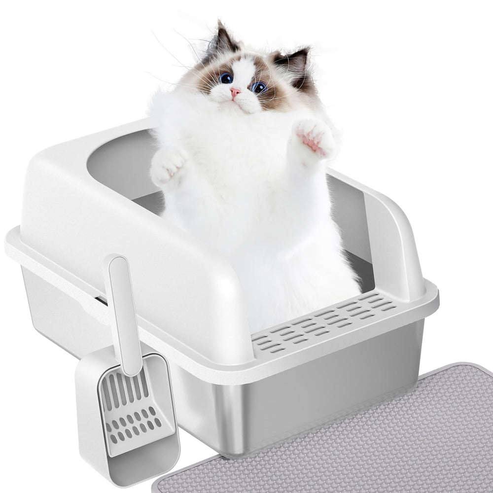 Prodigen bac litière chat en acier inox avec couverture, nettoyage facile et surface durable.