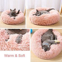Grand lit rond chat en peluche rose – fond anti-glisse pour la stabilité.