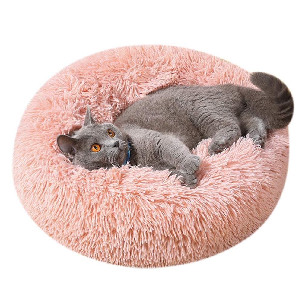Grand lit rond chat en peluche rose – utilisation intérieure idéale pour relaxer.