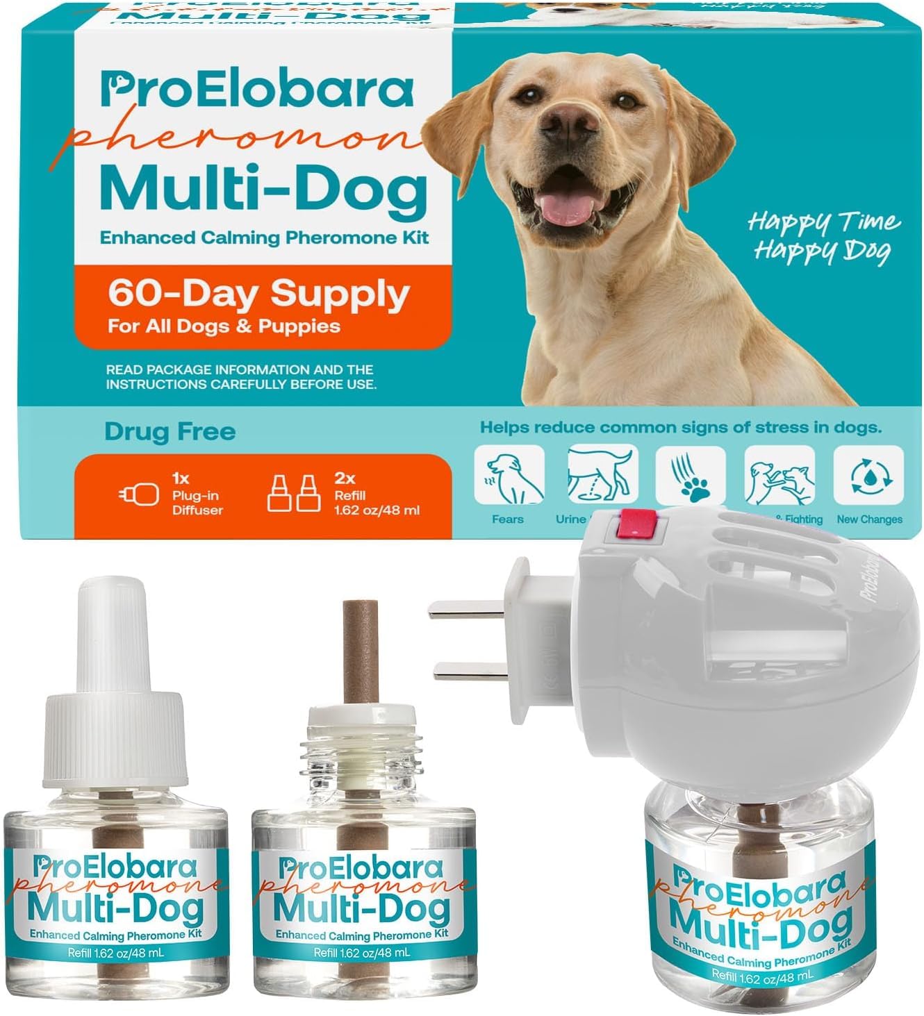 Diffuseur ProElobara de phéromones apaisantes pour chiens dans le salon, favorise le calme.