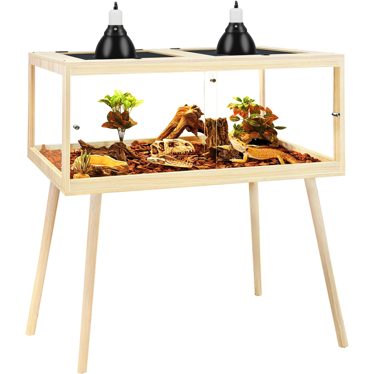 PROLEE terrarium dragon barbu avec pieds en bois, habitat sûr et spacieux.