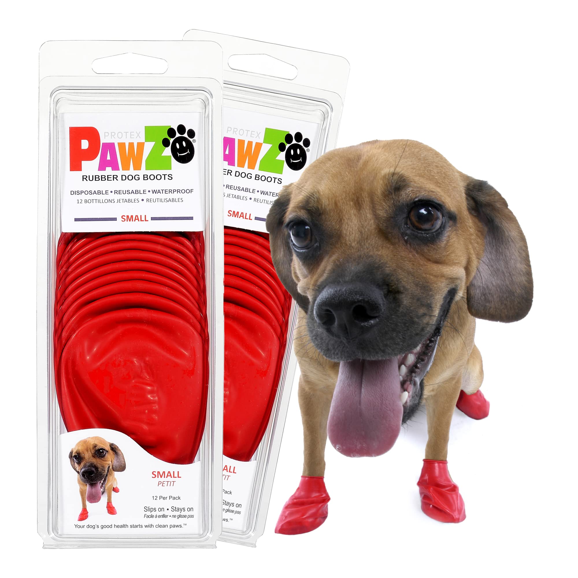 Protex PawZ: bottes rouges pour petites pattes, faciles à enfiler.