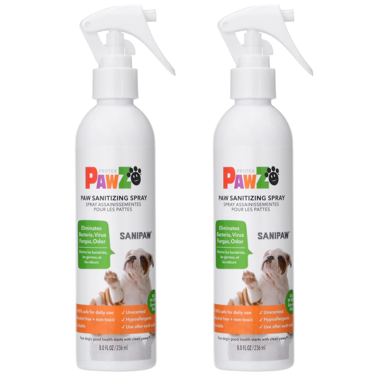 PawZ SaniPaw: bouteille-pompe pratique pour nettoyer et rafraîchir les pattes.
