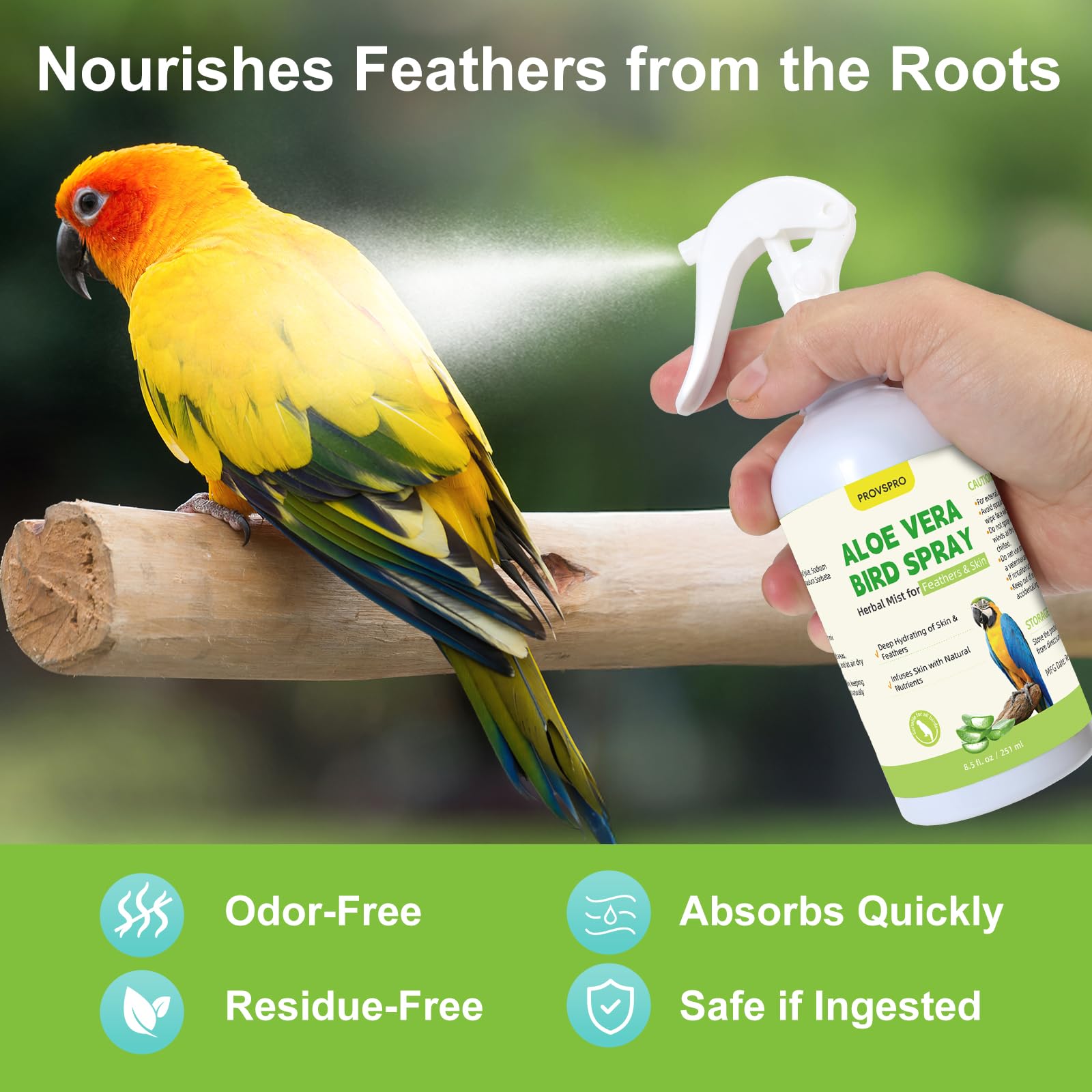 Provspro Aloe Vera Oiseau Spray – diffusion fine assurant une couverture uniforme sans déranger l'oiseau.