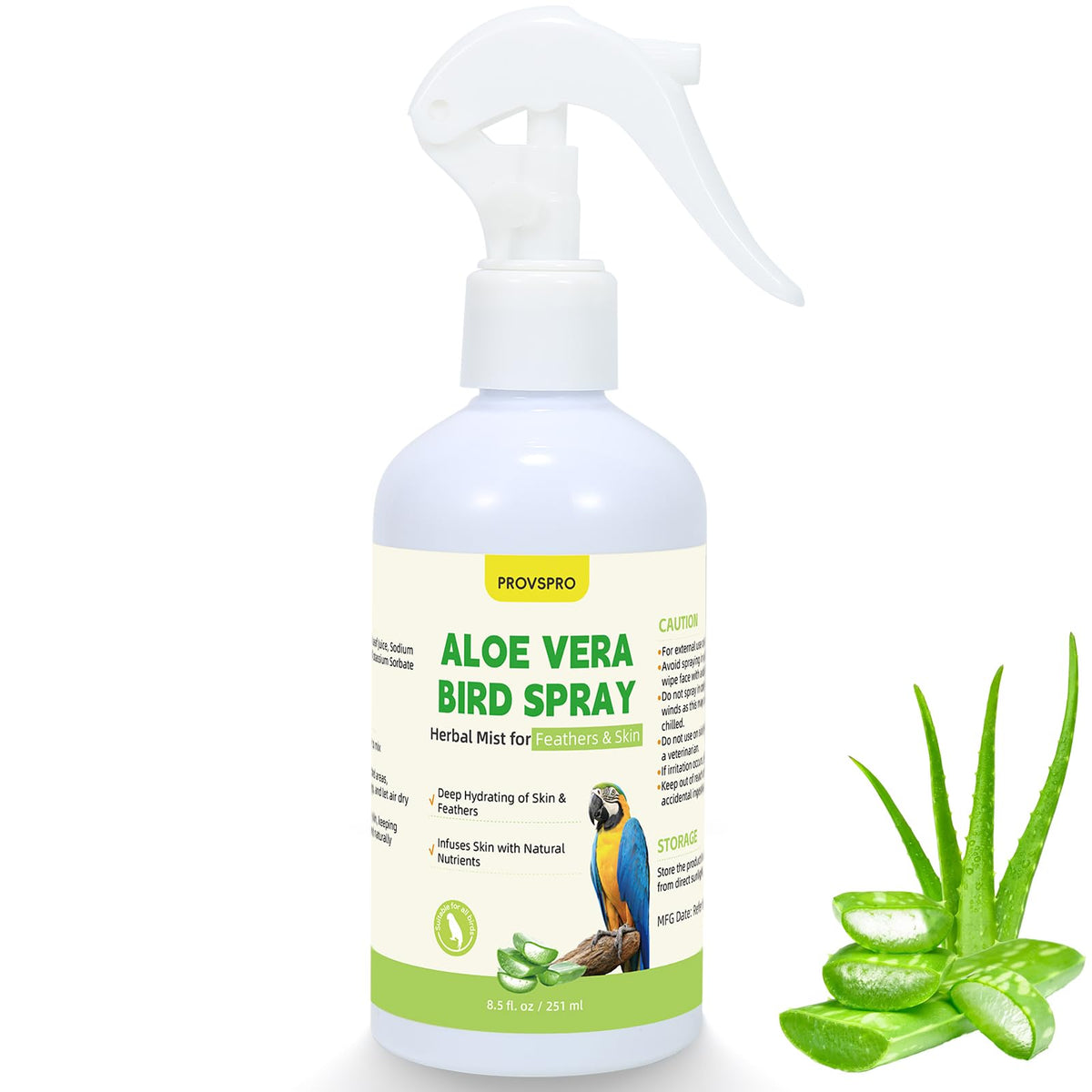 Provspro Aloe Vera Oiseau Spray – bouteille pratique et pulvérisation douce pour plumes hydratées.