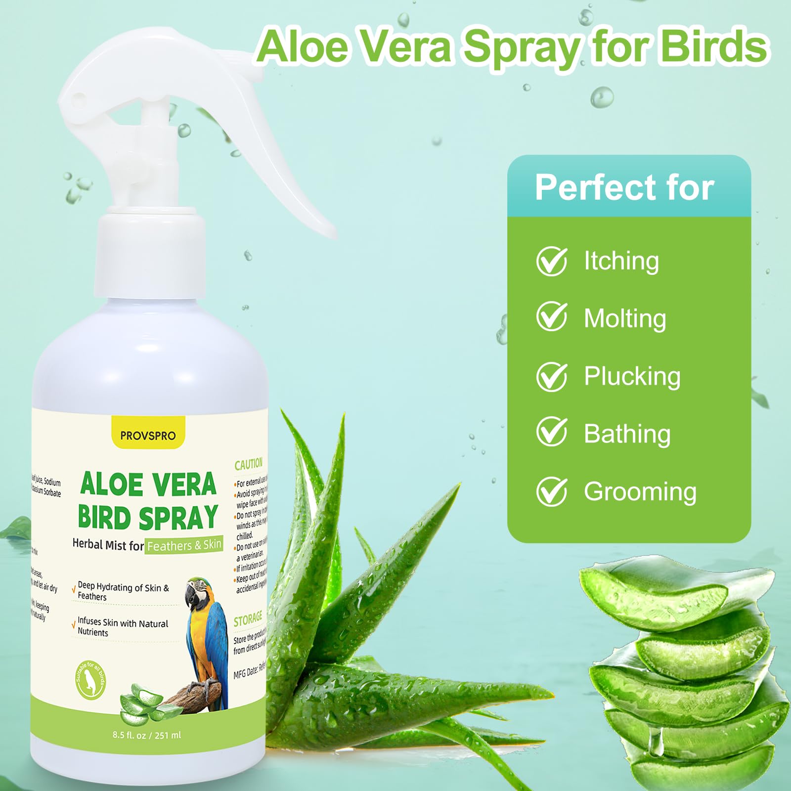 Provspro Aloe Vera Oiseau Spray – soin sans chimie, sans résidu, pour plumes naturelles et rafraîchies.