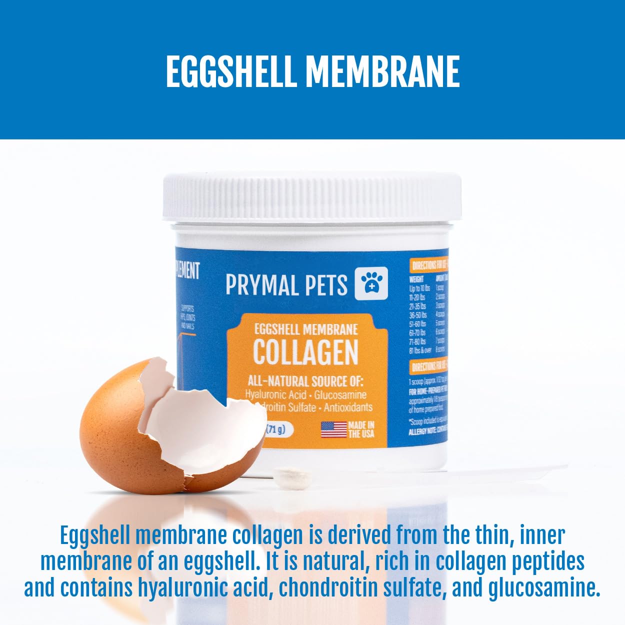 Prymal Pets Collagene Membrane d'Oeuf – saupoudrée dans la nourriture du chien pour soutien quotidien.
