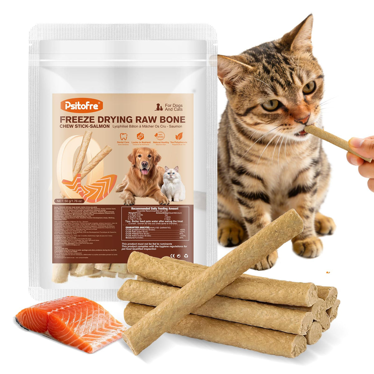 Psitofre bâton dentition chat saumon, texture poreuse qui aide la plaque