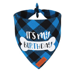 Bandana d’anniversaire PTDECOR pour chien bleu à carreaux, parfait pour les photos festives.