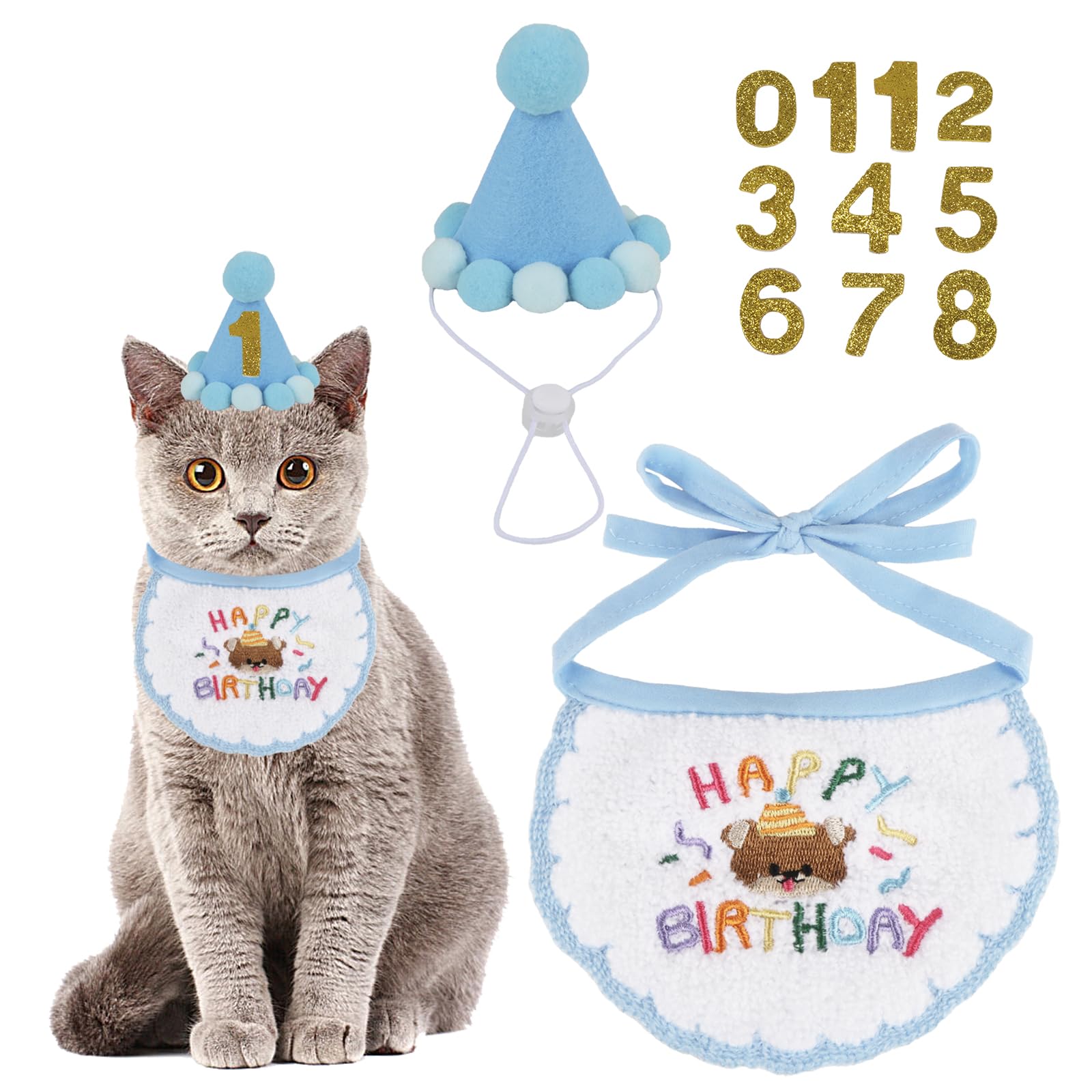 PTDECOR chapeau bleu pour chat avec chiffres, idéal pour des souvenirs festifs.